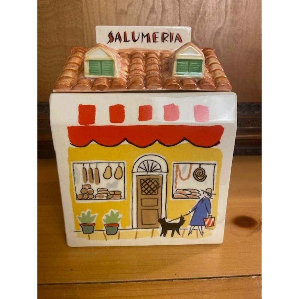 Vintage Italian Salumeria Deli Fitz & Floyd Omnibus Ceramic Cookie Jar Canister